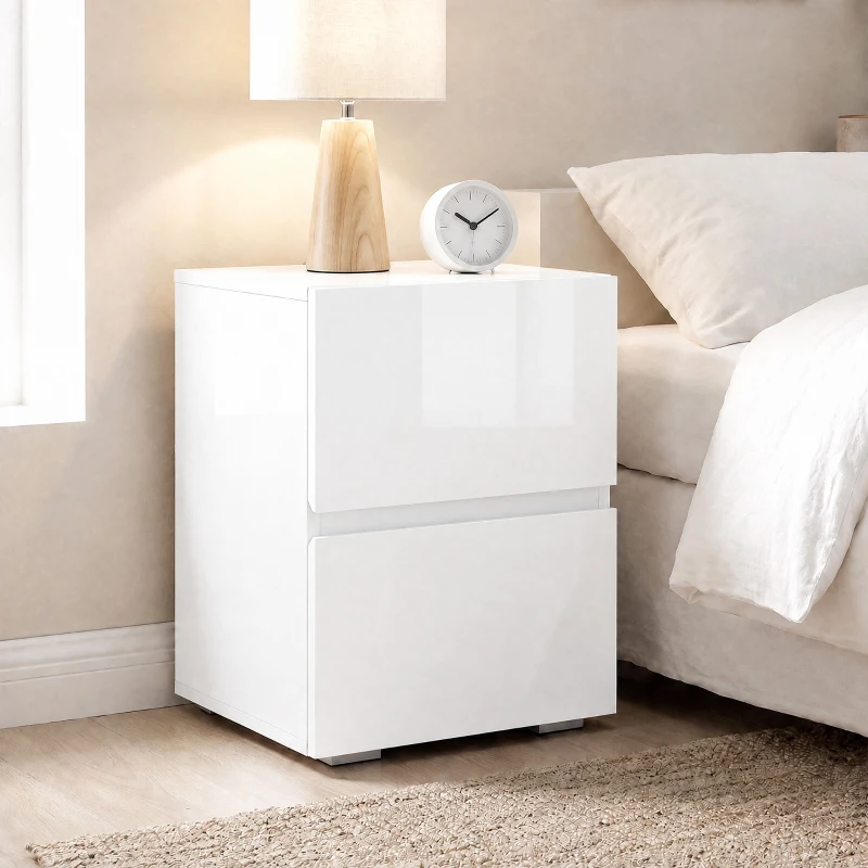 HOMCOM Juego de 2 Mesitas de Noche Estrechas Mesillas de Noche Dormitorio con 2 Cajones Frentes de Alto Brillo Blanco
