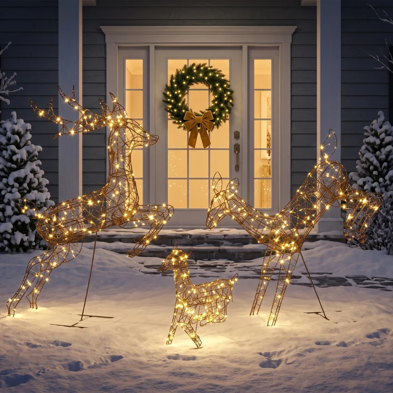 Outsunny Lot de 3 Rennes Lumineux Noël Extérieur 120 cm, Cerf Lumineux Noël avec 200 LED Blanc Chaud, 8 Modes et Minuterie