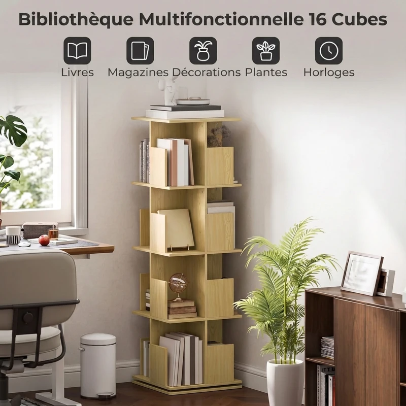 HOMCOM Bibliothèque Rotative à 4 Niveaux, Étagère Rangement avec 16 Compartiments, 39 x 39 x 128,3 cm, Chêne
