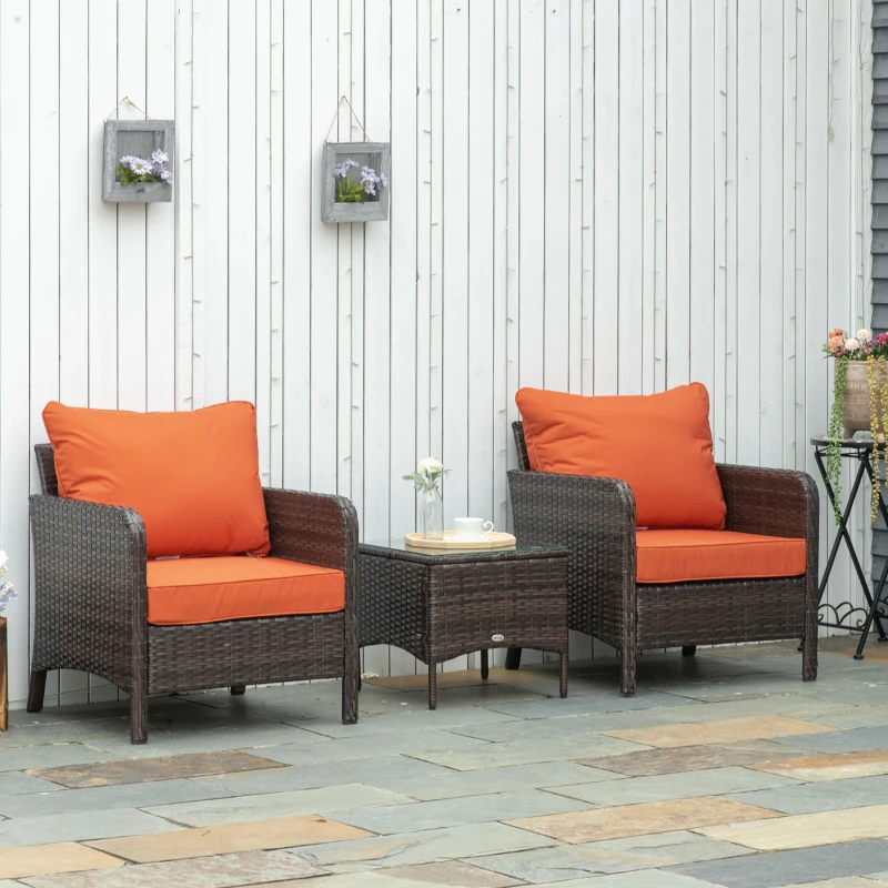 Outsunny 5 Pieces PE Rattan Garden Furniture Set - With 10cm Thick Padded Cushions, Wicker Weave Outdoor Seating Chairs Including 2 Armchairs, 2 Stools, and Glass Top Table, Brown