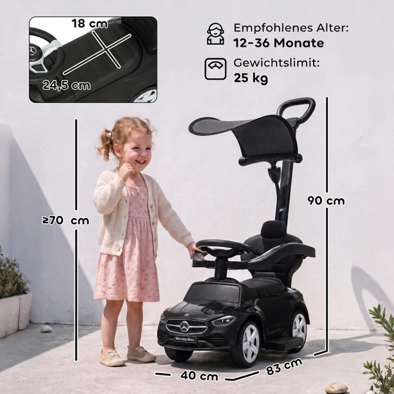 AIYAPLAY 3-in-1 Rutschauto mit Schiebstange Mercedes-Benz Rutschfahrzeug mit Lenkrad Hupe Musik Dach Sitzstauraum Schwarz