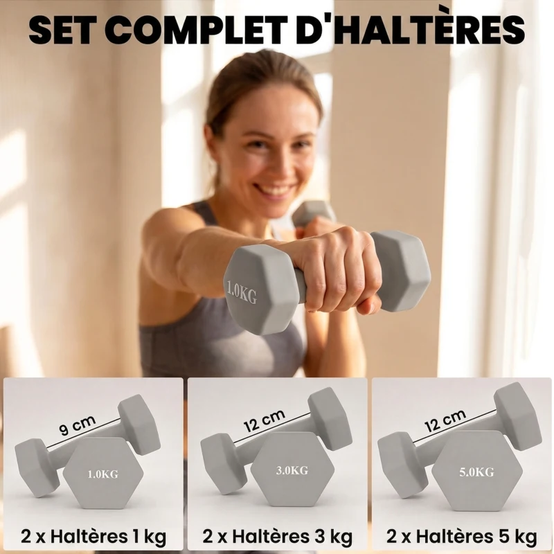 SPORTNOW Lot de 3 Paires d'Haltères Hexagonaux Antidérapants 18 kg en Fonte, Revêtement PVC, avec Support en Bois, Gris Clair