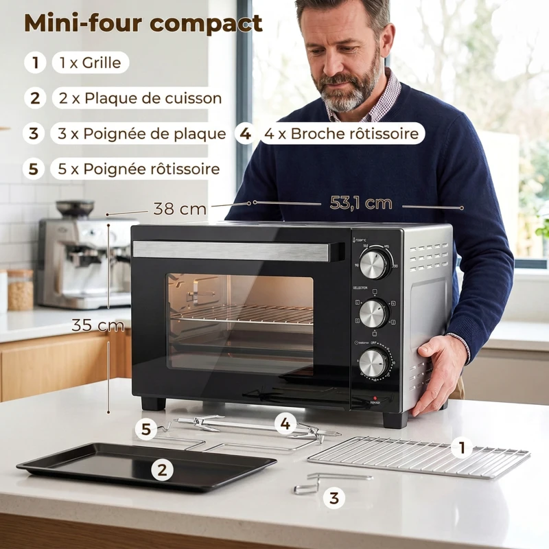 HOMCOM Mini-Four avec Broche Rotative 36L 1500 W, Four à Convection Multifonction, Chaleur Tournante, Minuterie 60 min, Argenté