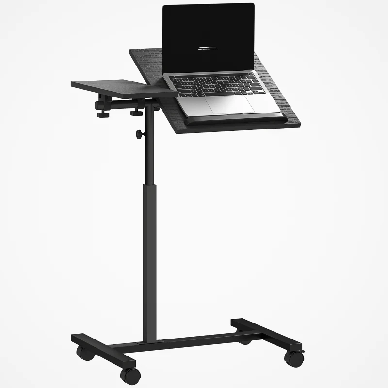 HOMCOM Măsuță pentru canapea în formă de C, măsuță mobilă pentru laptop cu roți blocabile și blat înclinabil, negru