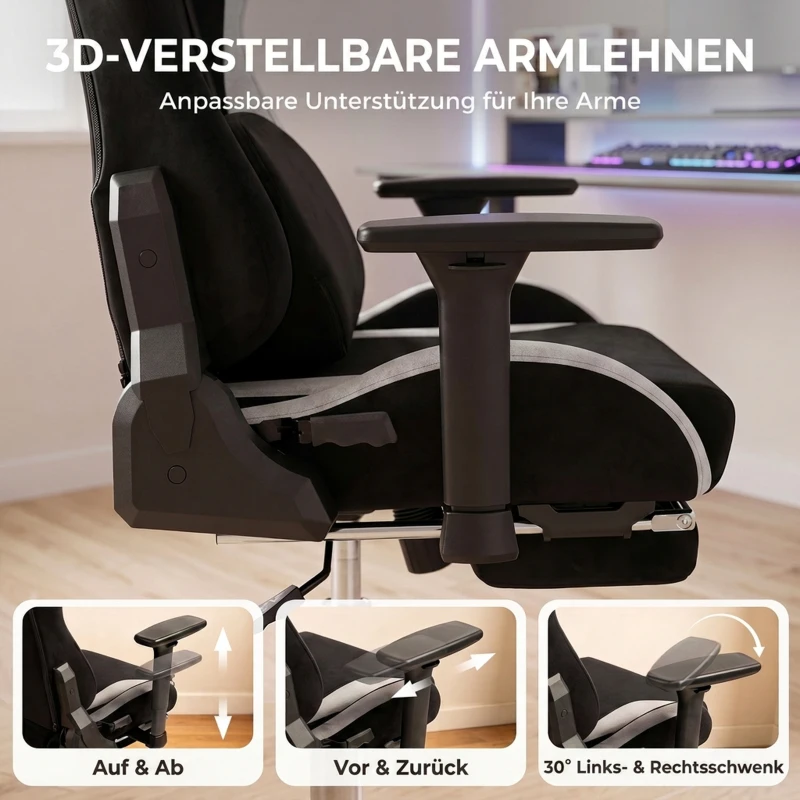 HOMCOM Gaming-Stuhl mit Massage- und beheiztem Lendenkissen, ergonomisch, Leinenoptik, 3D-Armlehnen, Kopfstütze, Schwarz
