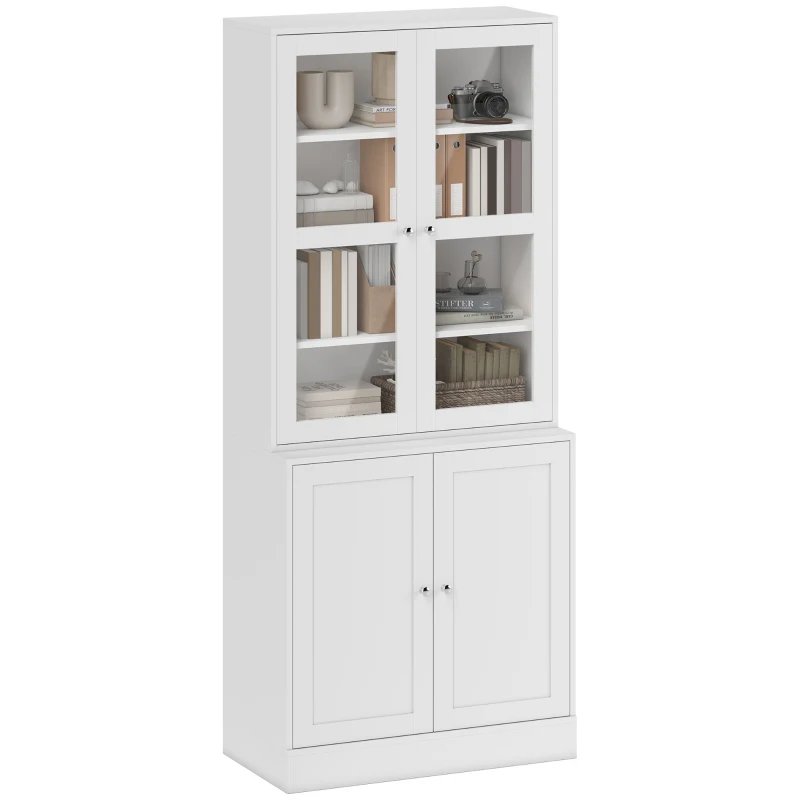 HOMCOM Mobilier de Bibliotecă cu 2 Dulapuri, Rafturi Regulabile și Uși din Sticlă, 76x40x178.5 cm, Alb