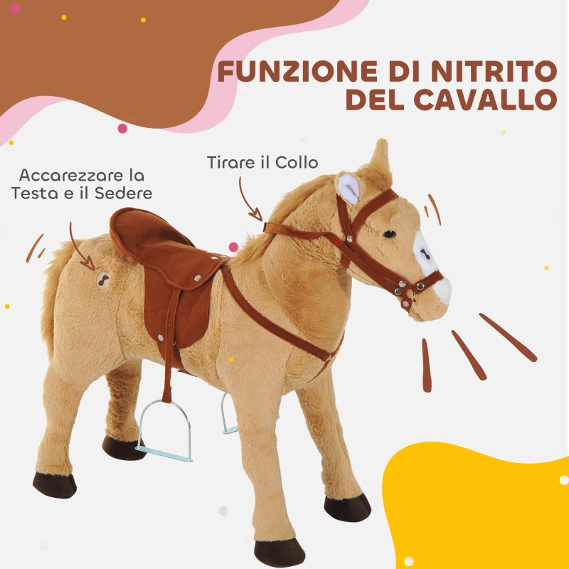 HOMCOM Cavallo Giocattolo con Suoni Realistici, Sella, Briglie e Poggiapiedi, 85x28x60 cm, Beige