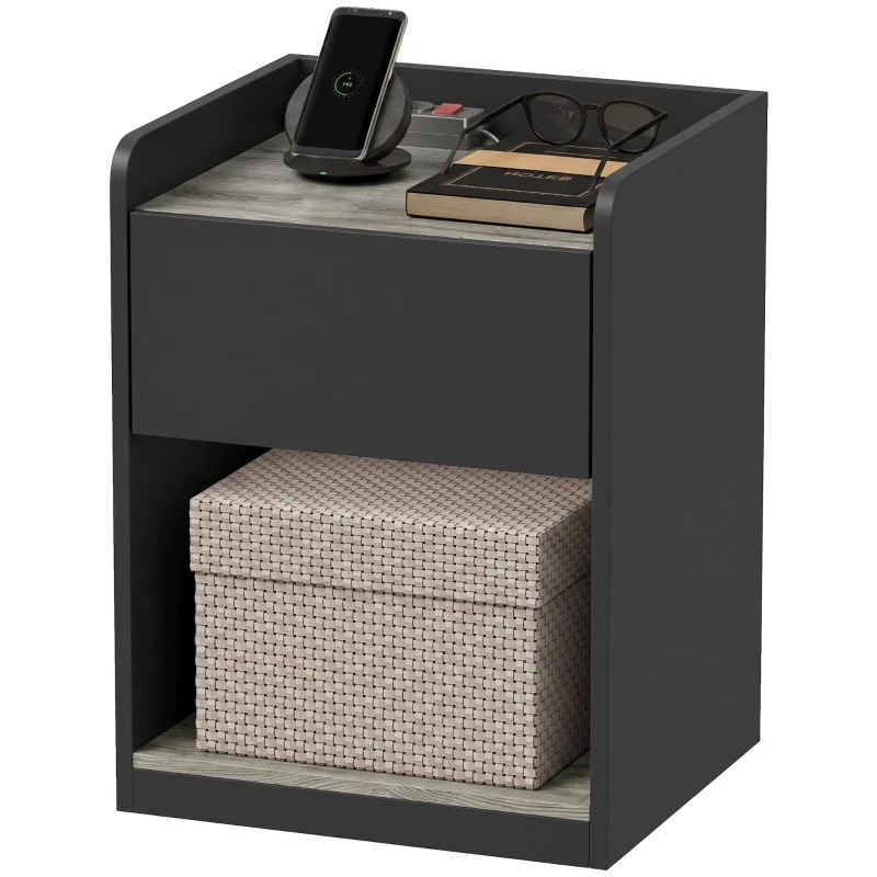 HOMCOM Modern Bedside Table, Slim Nightstand with Drawer, Shelf and Cable Holes, Black and Grey Wood Effect
