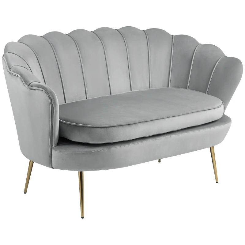 HOMCOM Canapé 2 places en tissu velours en forme de coquillage avec coussin épais de 10 cm pieds dorés effilés gris clair