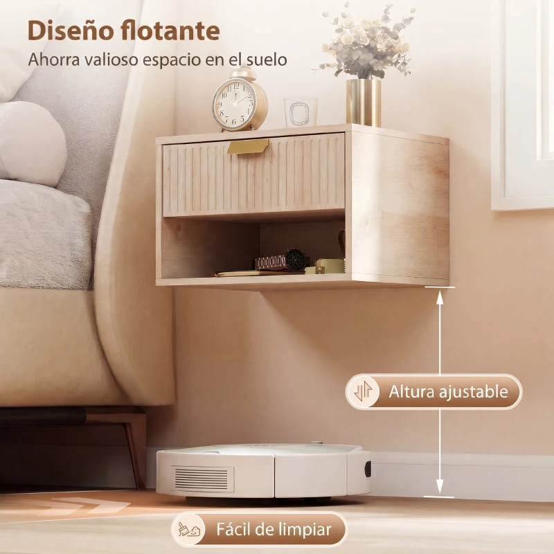 HOMCOM Juego de 2 Mesitas de Noche Flotantes con Cajón con Frente Ondulado y Estante Abierto Diseño Moderno 40x30x25 cm Roble