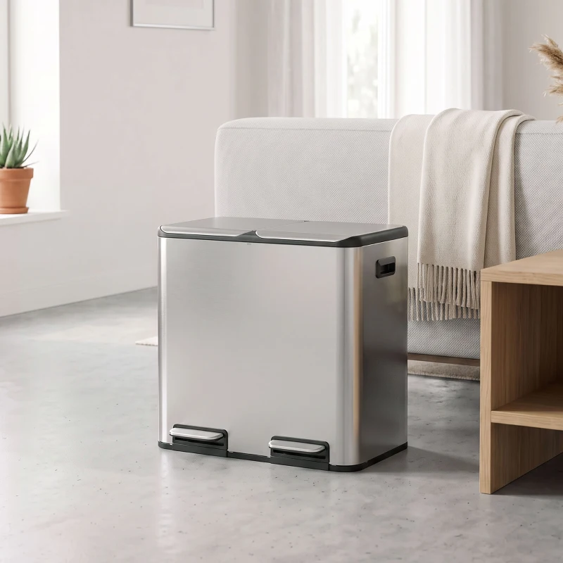 HOMCOM 2 x 20L Double Kitchen Bin, Stainless Steel Pedal Rubbish Bin with Dual Compartments, Soft Close Lids, Silver Tone