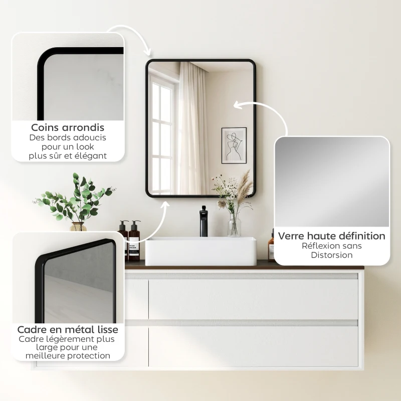 HOMCOM Miroir mural rectangulaire 50 x 40 cm, miroir décoratif moderne avec cadre en métal pour salon, entrée, couloir, noir