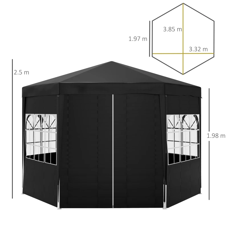 Outsunny 4m Hexagonal Gazebo Canopy Party Tent, Includes 6 Removable Side Walls for Outdoor Events, with Windows and Doors, Black(m-13)