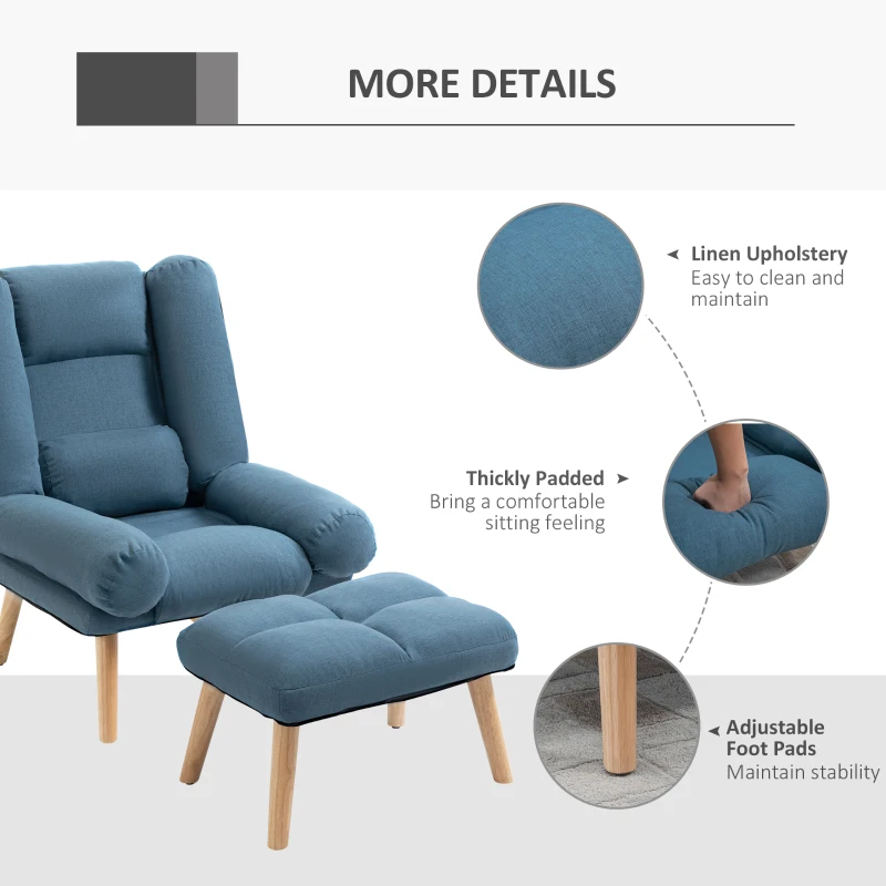 HOMCOM Recliner Chair with Footstool, Recliner Armchair with Adjustable Backrest, Thick Cushion and Wooden Legs, Blue