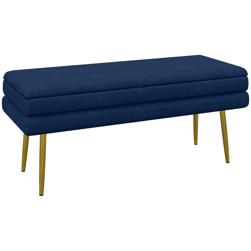 HOMCOM Banc banquette coffre de rangement 2 en 1 assise aspect velours et pieds acier - 100 x 37,5 x 42 cm bleu et doré