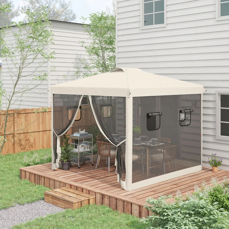 Outsunny Cenador de Jardín 3x3 m con Pared Lateral de Malla 6 Ventanas Altura Ajustable en 3 Niveles Protección Rayos UV30+ Beige