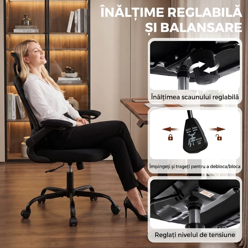 HOMCOM Scaun de birou ergonomic din plasă, cu tetieră reglabilă, negru
