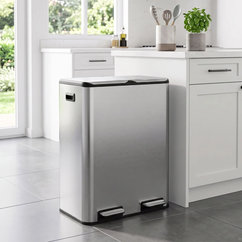 HOMCOM 2 x 30L Double Kitchen Bin, Stainless Steel Pedal Rubbish Bin with Dual Compartments, Soft Close Lids, Silver Tone