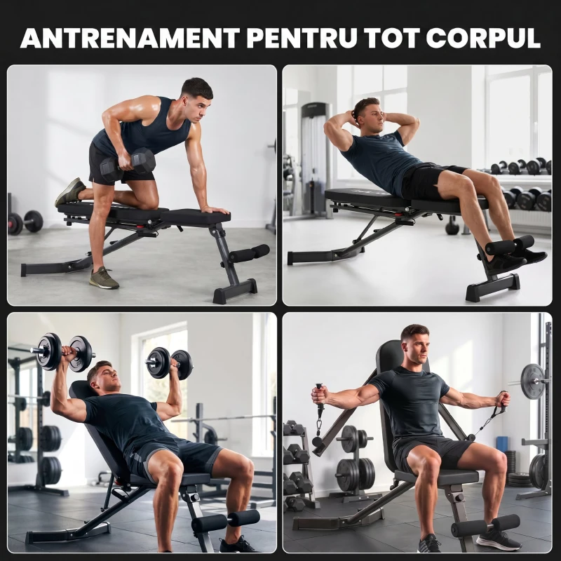 SPORTNOW Bancă Reglabilă cu Benzi de Rezistență, Pliabilă, Înclinată/Declinată/Orizontală
