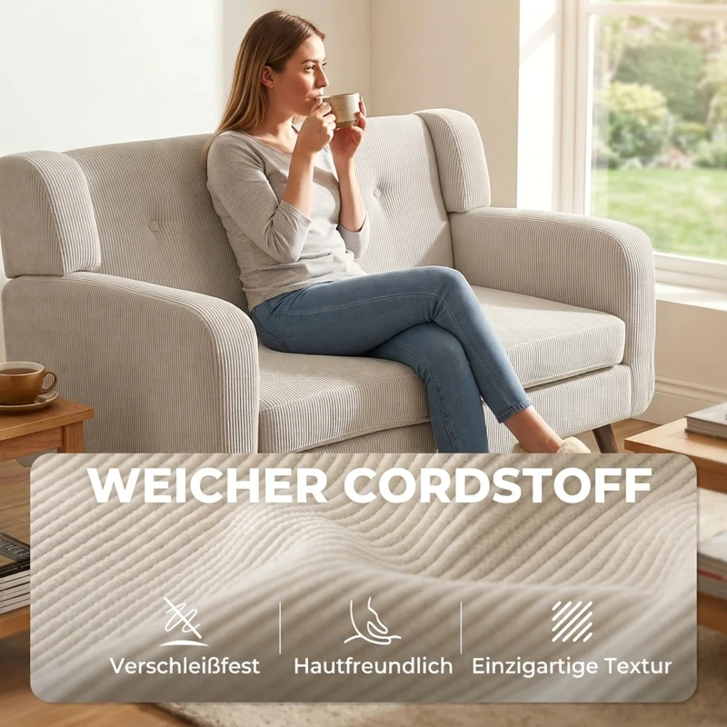 HOMCOM Sofa 2-osobowa 118 cm z wyglądem sztruksu, pikowanie z guzikami Wygodna nowoczesna sofa tapicerowana z drewnianymi nogami do małych pomieszczeń