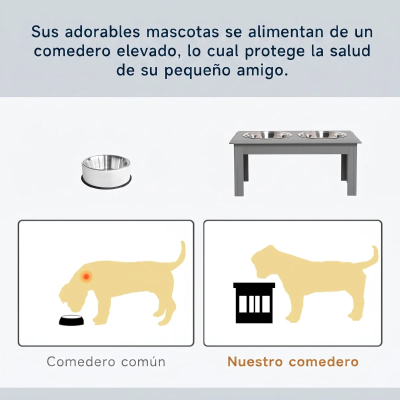 PawHut Comedero Elevado para Perros con 2 Cuencos Extraíbles de Acero Inoxidable 58,4x30,5x25,4 cmGris