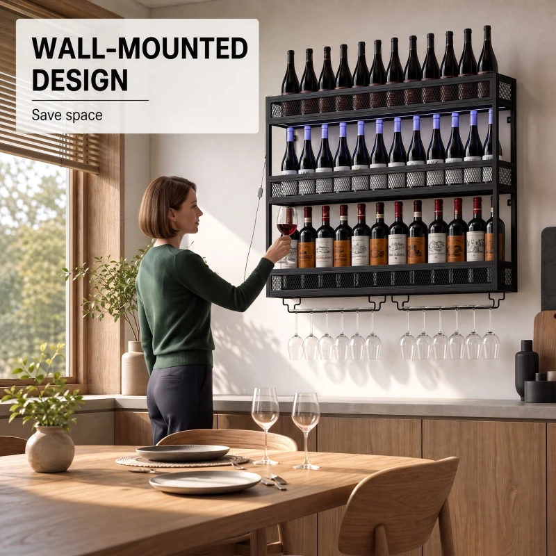 HOMCOM Wall-Mounted Wine Rack with LED Lights, Glass Holders, Open Shelf, Metal Storage Rack, Black