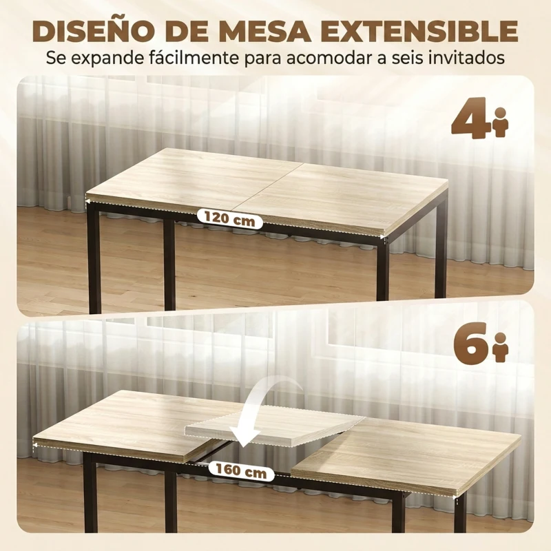 HOMCOM Conjunto Mesa de Comedor Extensible 120-160 cm y 6 Sillas Apilables para 4-6 Personas Efecto Roble