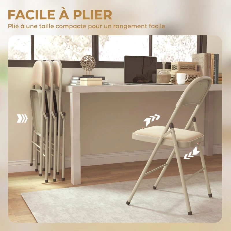 HOMCOM Lot de 4 chaises pliantes et portables intérieur avec assises et dossiers rembourrés en velours, cadre en acier, beige