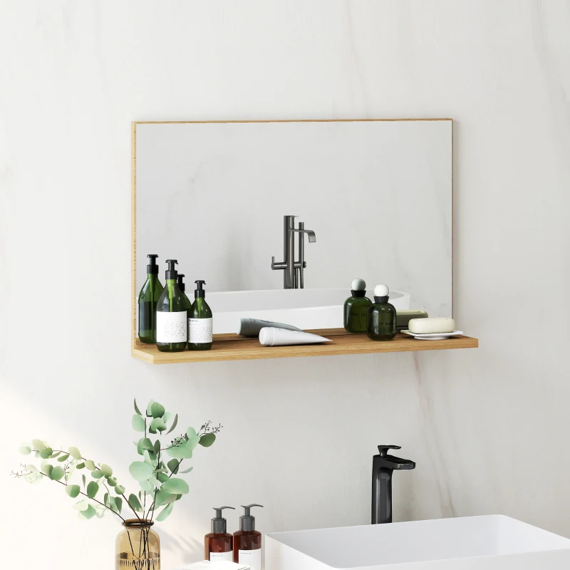 kleankin Espejo de Baño de Pared con Estante Abierto Estilo Moderno para Entrada Pasillo 60x12x40 cm Madera Natural