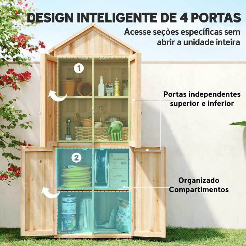 Outsunny Armário de Exterior em Madeira com Teto Inclinado de Asfalto, 4 Portas e 2 Prateleiras Removíveis, 82x50x190 cm, Natural