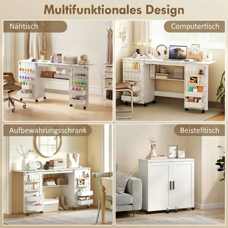 HOMCOM Klappbarer Nähtisch mit 2 Magnettüren, rollbarer Basteltisch mit 4 Boxen, 20 Haltestiften, Ablagefach, Weiß