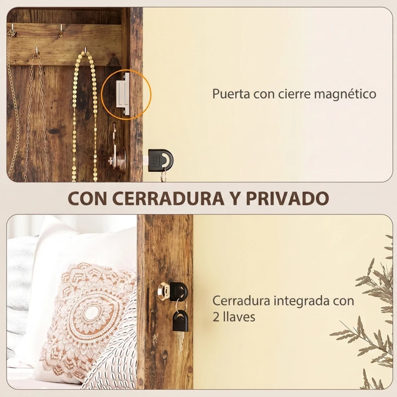 HOMCOM Espejo Joyero de Pared con Cerradura y Varios Compartimentos Montar en Pared o Puerta Marrón Rústico y Forro Negro