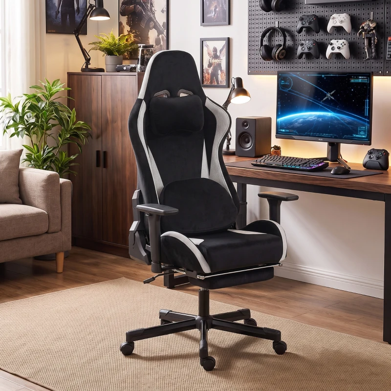 HOMCOM Gaming-Stuhl mit Massage- und beheiztem Lendenkissen, ergonomisch, Leinenoptik, 3D-Armlehnen, Kopfstütze, Schwarz