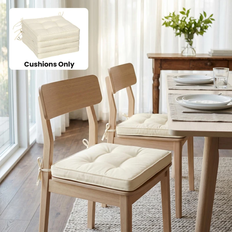 Outsunny Set of 4 Garden Seat Cushion with Ties, 42 x 42cm Replacement Dining Chair Seat Pad, Cream White