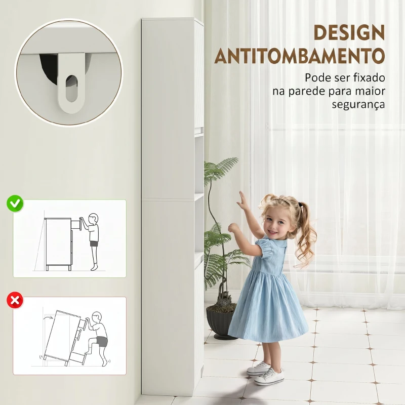 HOMCOM Coluna Estreita para Casa de Banho com 2 Portas e 2 Prateleiras Abertas, Ideal para Espaços Pequenos, 30x24x170 cm, Branco