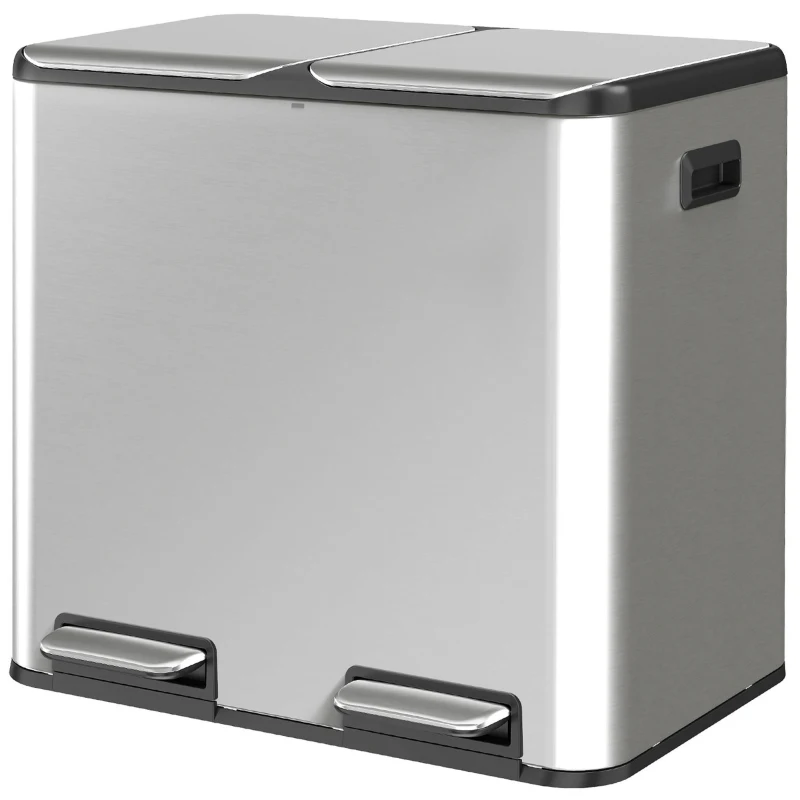 HOMCOM 2 x 20L Double Kitchen Bin, Stainless Steel Pedal Rubbish Bin with Dual Compartments, Soft Close Lids, Silver Tone
