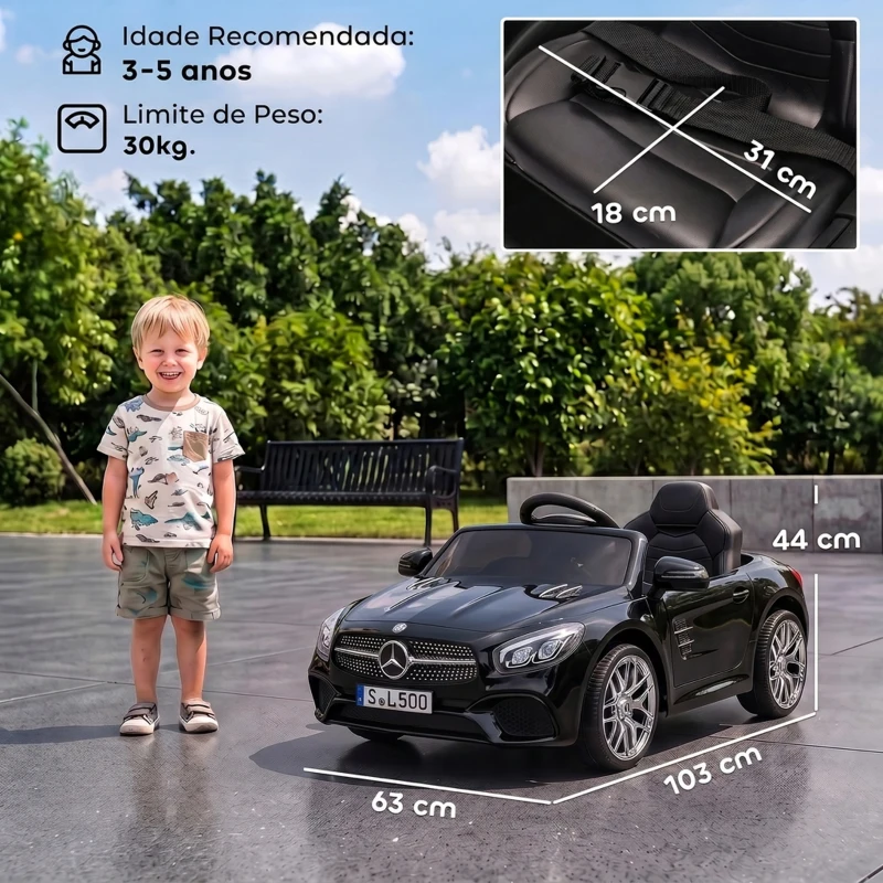 AIYAPLAY Carro Elétrico Infantil Mercedes-Benz SL500 12V com Comando à Distância 2,4 GHz, 2 Motores, Suspensão e Arranque Suave, Preto