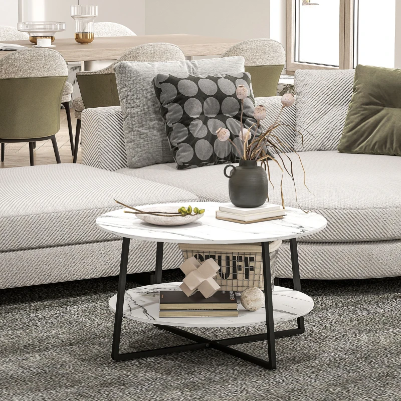 HOMCOM Two-Tier Marble-Effect Coffee Table - White/Black
