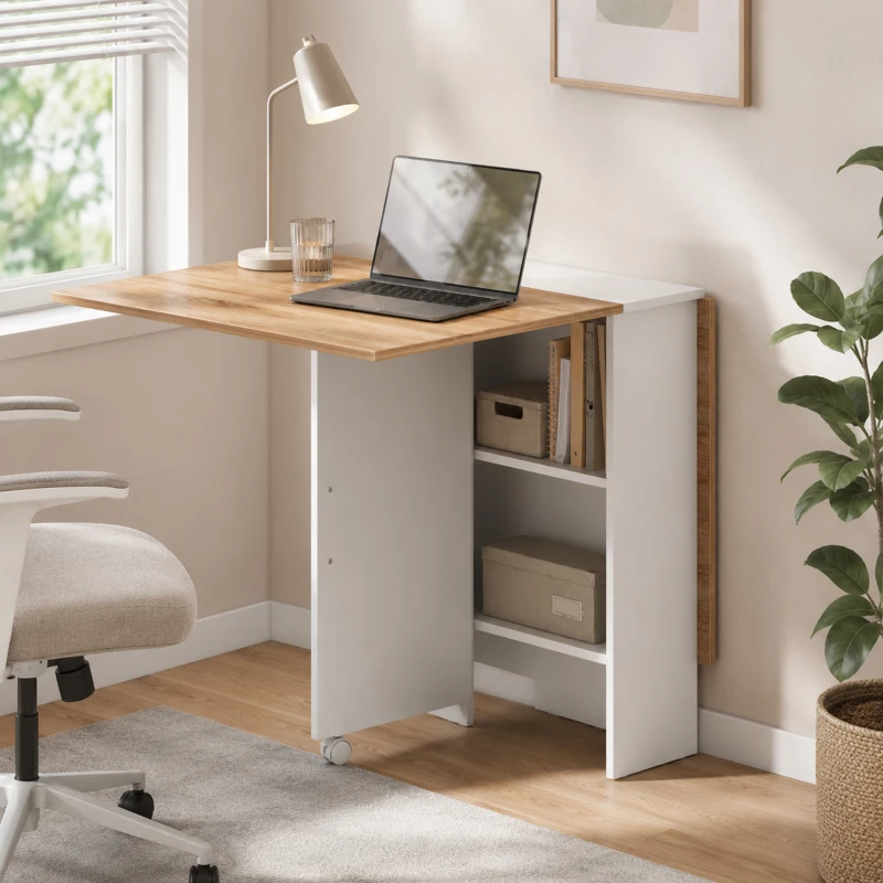 HOMCOM Folding Dining Table, Drop Leaf Table with 2-Tier Shelves, Rolling Casters, White and Natural