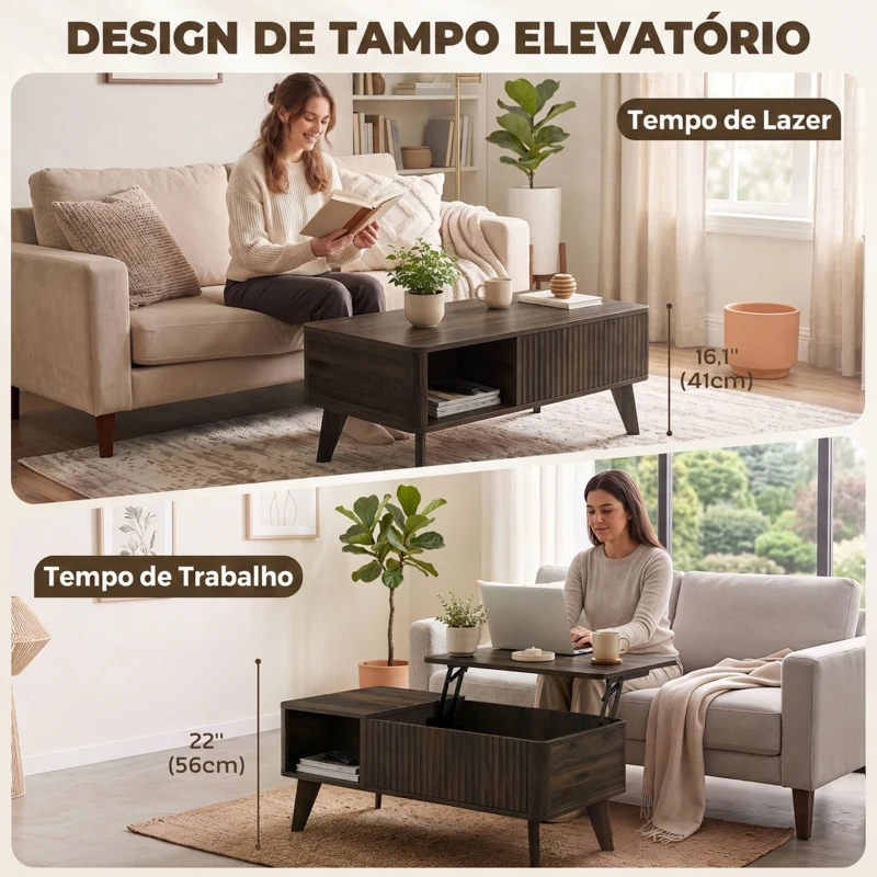 HOMCOM Mesa de Centro Elevatória com Compartimento Oculto e Prateleiras Abertas 100x48x41-56 cm Nogueira
