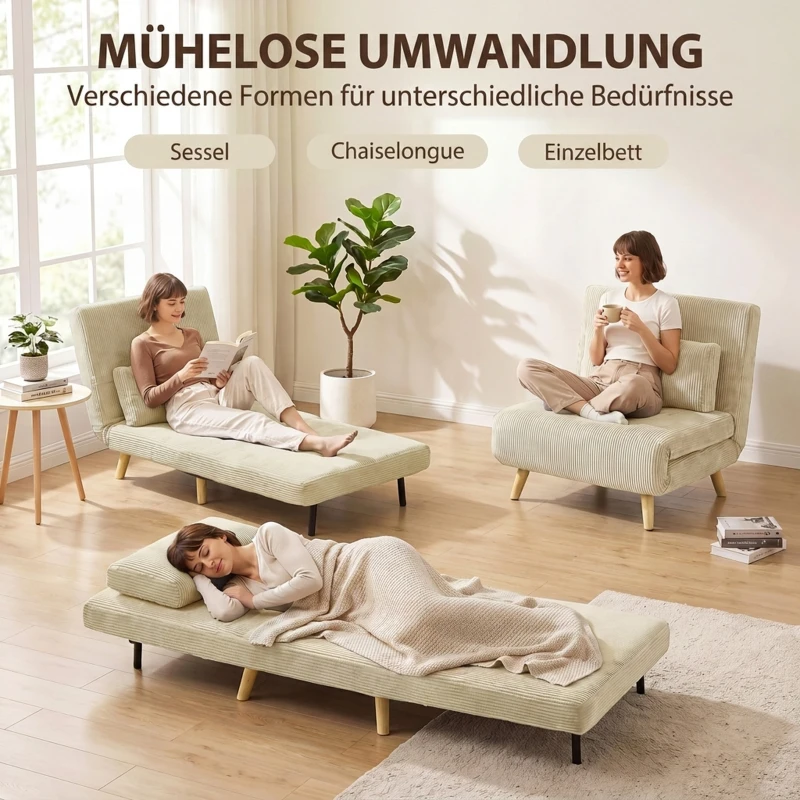 HOMCOM Schlafsessel 3-in-1, ausklappbarer Sessel aus Cord mit Schlaffunktion verstellbare Rückenlehne, Kissen, Beige