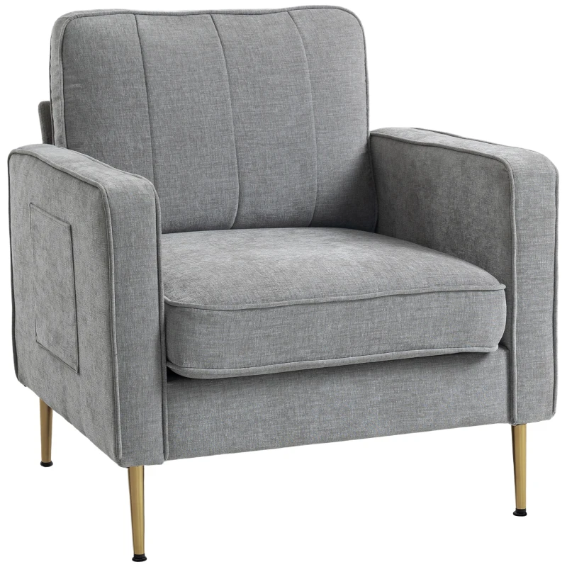 HOMCOM Fauteuil en tissu avec pieds en acier doré, grand confort, pochettes latérales, pour salon, bureau, chambre, gris