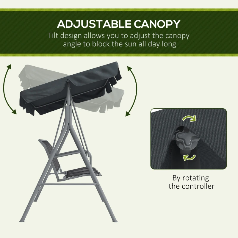Outsunny Metal Garden Swing Chair, 3-Seater Swing Seat, Patio Hammock Bench Canopy Lounger, Dark Grey