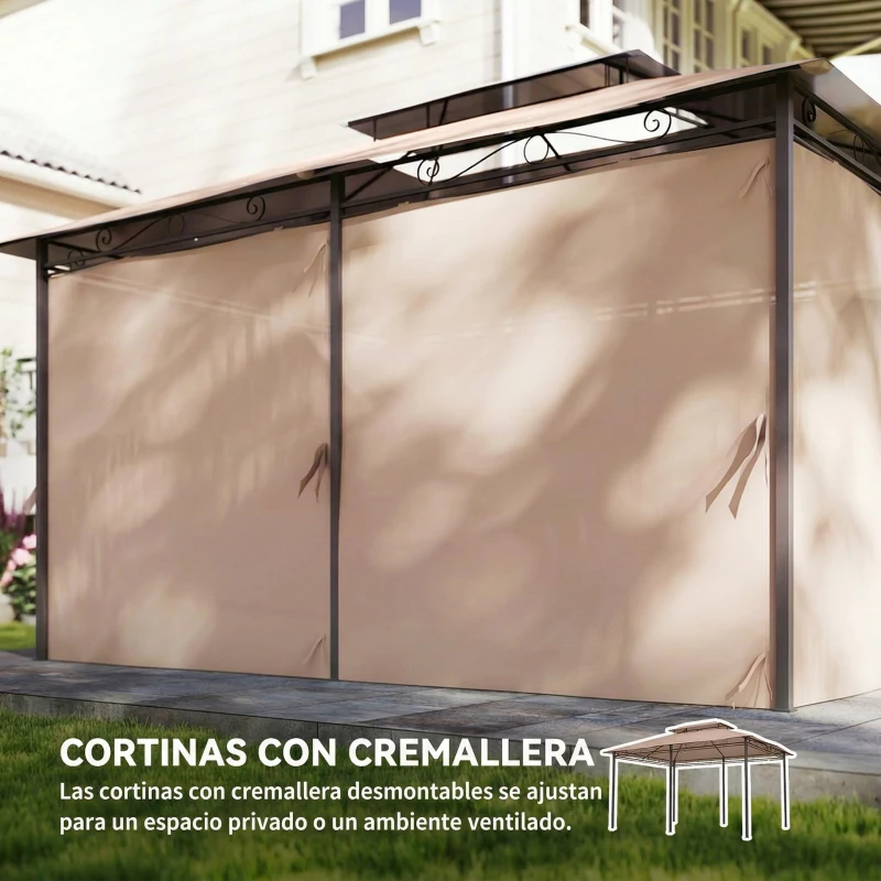 Outsunny Cenador para Jardín 3x4 m Pabellón de Jardín Gazebo con Doble Techo 6 Paredes Laterales Estructura Metálica Caqui