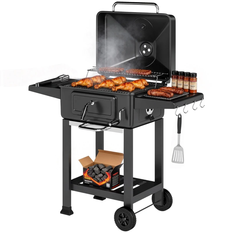 Outsunny Barbecue Charbon de Bois Chariot Grill de Jardin avec Couvercle XXL Bac à Charbon et Évents Réglables 112cm Noir