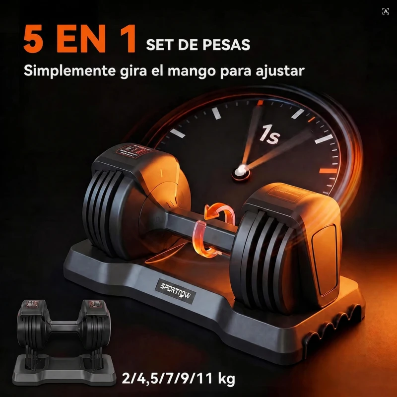 SPORTNOW Mancuerna Ajustable 11 kg Set 5 en 1 con Sistema Ajuste Rápido Bloqueo de Seguridad Agarre Antideslizante y Base