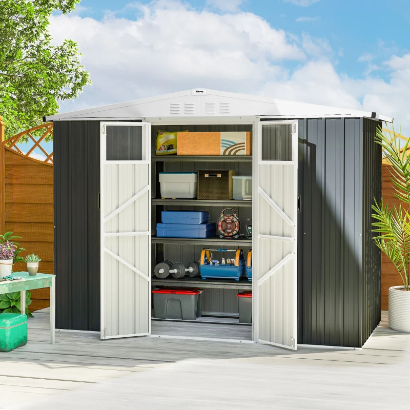 Outsunny Abri de jardin en métal 2,7 m² avec fenêtre, 4 évents et porte verrouillable, 246 x 117 x 180 cm, gris