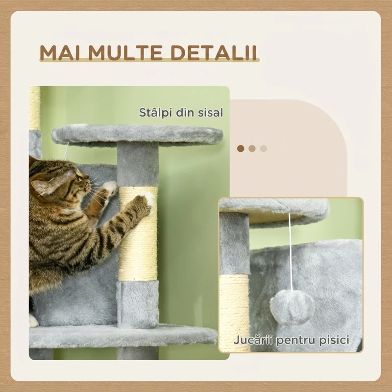 PawHut Ansamblu de Joaca pentru Pisici cu inaltime de 200 cm, cu Stalpi din Sisal, Compartimente si Hamace din PAL si Plus