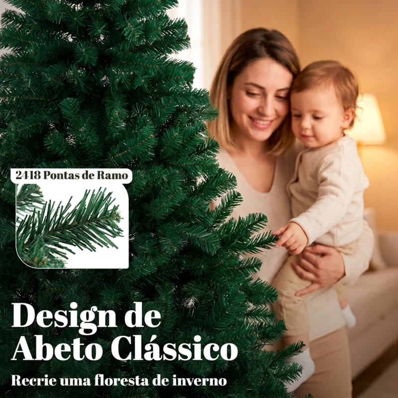 HOMCOM Árvore de Natal em Abeto 270 cm com Ramos Articulados, 2418 Pontas em PVC Ignífugo, Montagem Rápida, Base em Aço, Verde
