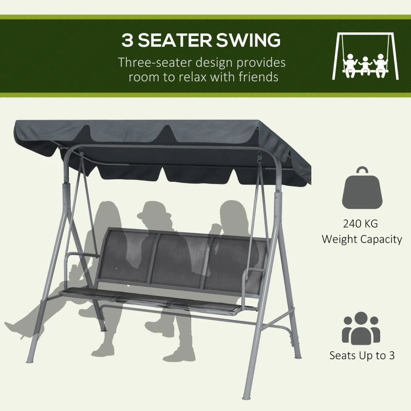 Outsunny Metal Garden Swing Chair, 3-Seater Swing Seat, Patio Hammock Bench Canopy Lounger, Dark Grey